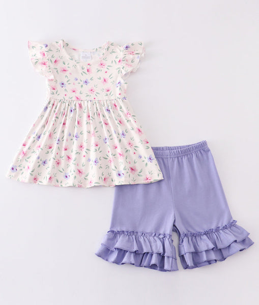 Girls purple Floral ruffle shorts set 2T 3T 6