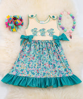 Girls Teal Easter Bunny Appliqué Dress 4 7