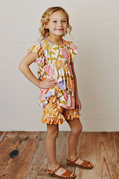 Girls Adorble Sweetness mustard floral shorts set