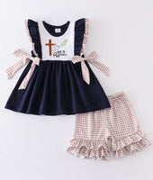 Girls Easter Cross He is Risen shorts set 2T