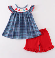 Girls plaid ABC shorts set Back to School