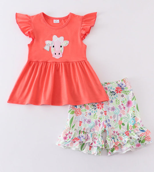 Girls 4 Cow Appliqué Shorts set