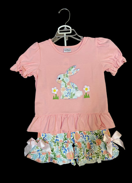 Girls Easter Bunny Appliqué shorts set peach 2T 4