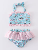 Girls Cow Farm Swim Suit 2 piece 2T 4