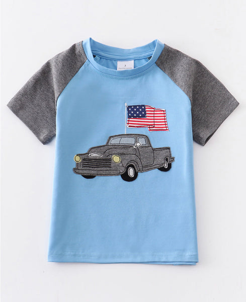 Boys American Flag Truck appliqué shirt 4th of July