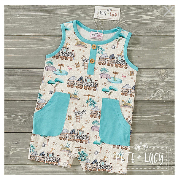 Boys Pete + Lucy Safari Train Romper 0/3M