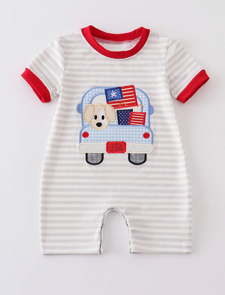 Boys 6M 12M Dog Truck Patriotic Romper