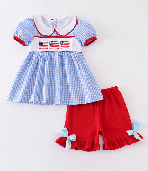 Girls Patriotic 4th of July Embroidered Shorts set